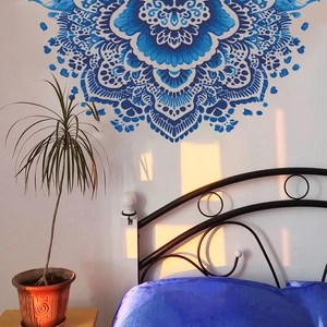 Blue mandala wall sticker with bohemian flower patterns for bedroom decor