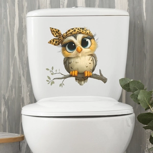 Cute cartoon owl wall sticker with big eyes and leopard headscarf on a toilet tank