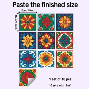 Detail of 10-piece ethnic floral tile stickers showing 10x10cm size and glossy finish