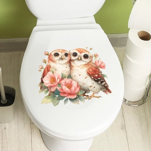 Adesivo per coperchio del water con simpatici gufi e decorazioni floreali rosa