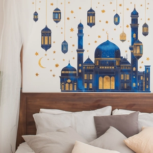 Adesivi murali moschea blu con lanterne dorate e stelle per decorazione della camera