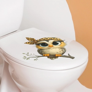 Cute owl wall sticker with big eyes on branch for bathroom and toilet lid decor