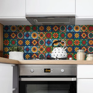Kitchen backsplash with colorful ethnic floral tile stickers in Talavera style