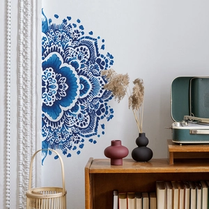 Blue mandala half-circle wall sticker decal for bohemian style bedroom decoration