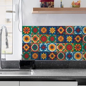 Kitchen backsplash featuring colorful ethnic Talavera style tile stickers on a wall