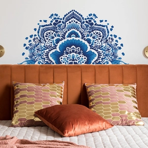 Blue mandala wall sticker set above bed headboard for bohemian bedroom home decor