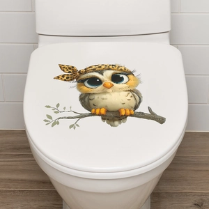 Cute cartoon owl on tree branch self-adhesive wall sticker for toilet lid decoration