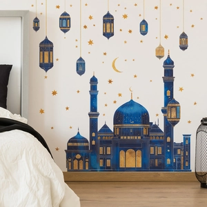 Adesivi murali castello blu e stelle dorate per decorazione camera da letto casa