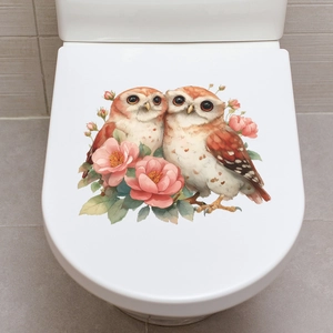 Adesivo per coperchio WC con gufi e fiori di camelia rosa per decorazione bagno