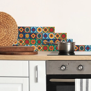 Colorful Bohemian floral tile stickers applied on a kitchen backsplash wall