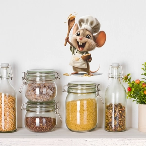 3D cartoon chef mouse wall sticker with wooden spoon and bowl for kitchen decor