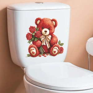 Romantic teddy bear with red roses self-adhesive waterproof bathroom toilet tank sticker