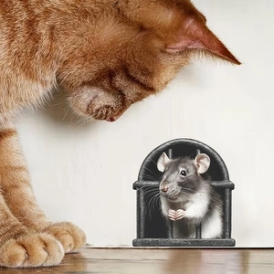 3D cartoon mouse hole wall sticker with realistic grey mouse and curious orange cat