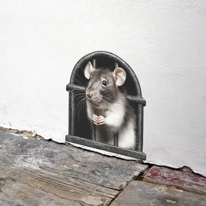 3D cartoon mouse hole wall sticker with realistic grey mouse and black iron cage fence