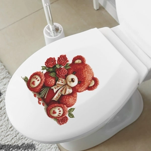 Romantic teddy bear with roses bathroom toilet lid sticker for home decoration