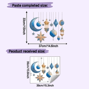 Blue and gold Ramadan moon star wall stickers with sizing dimensions and layout detail