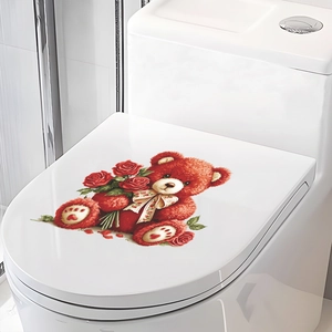 Romantic teddy bear with red roses self-adhesive toilet seat sticker for bathroom decor