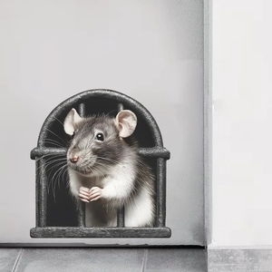 3D realistic wall sticker featuring a small mouse behind metal bars in a wall hole