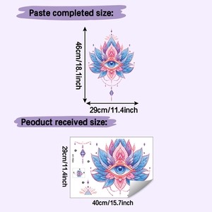 Detailed view of Mandala lotus and eye wall sticker with dimensions and layouts