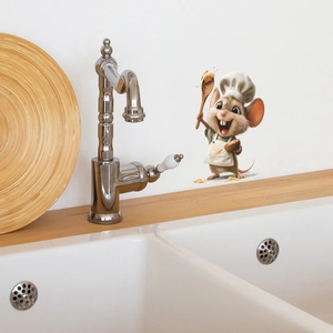 3D cartoon chef mouse wall sticker for kitchen decor with white chef hat and wooden spoon