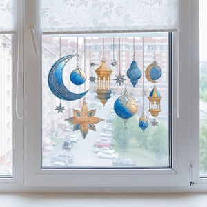 Blue and gold Ramadan moon star window stickers with Islamic lantern designs for home decor