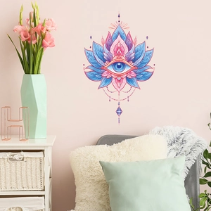 Bohemian lotus and evil eye wall sticker set in pastel pink and blue for home decor