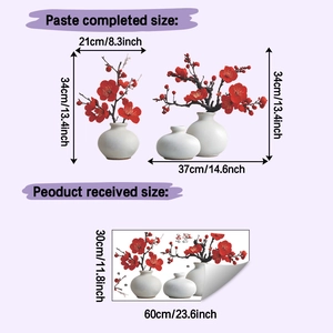 Detail view of red plum blossom wall stickers with vase design and dimensions