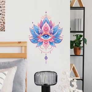 Bohemian Evil Eye lotus flower wall decal for bedroom with pink and purple geometric patterns