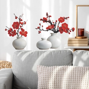 Modern wall sticker set featuring red plum blossoms in white vases for home decor