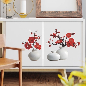 Self-adhesive wall sticker featuring oriental red plum blossoms and white ceramic vases