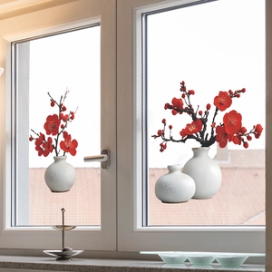 3D red plum blossom glass wall stickers with white vase for home window decoration