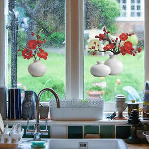 Elegant Red Plum Blossom White Vase PVC Wall Stickers Self Adhesive Chinese Style Floral Window Decals For Home Decor