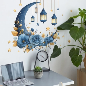 Vinilo de pared con luna creciente azul, flores y faroles dorados para dormitorio