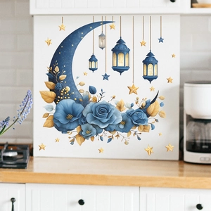 Pegatina de pared de luna azul y estrellas doradas para decoración de hogar de Eid