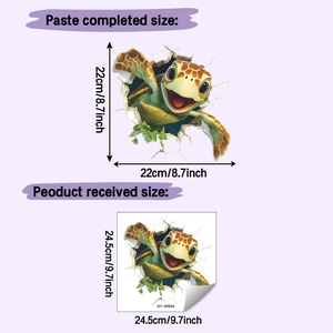 3D sea turtle wall decal dimensions guide showing finished size vs received layout