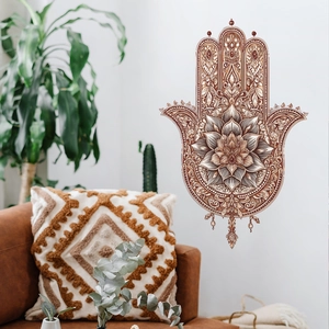 Brown Hamsa Hand wall sticker with mandala lotus design in a boho living room decor