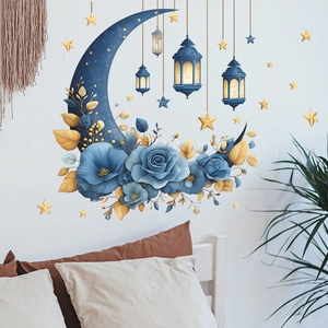 Pegatinas de pared de luna azul y estrellas doradas con flores y faroles árabes