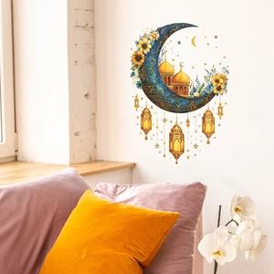 Ramadan moon wall sticker with golden lantern and mosque design for home decor