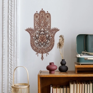 Bohemian Hamsa Hand mandala wall decal with floral patterns in a cozy home setting