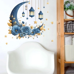 Pegatinas de pared con luna azul, flores y hojas doradas para decoración del hogar