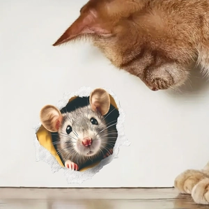 3D realistic mouse hole wall sticker featuring a cute mouse and playful cat interaction