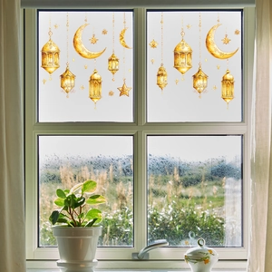Golden Ramadan window stickers with crescent moon, stars and lanterns for home decor