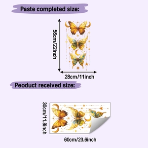 Detailed guide showing 56x28cm installation layout of golden butterfly wall stickers