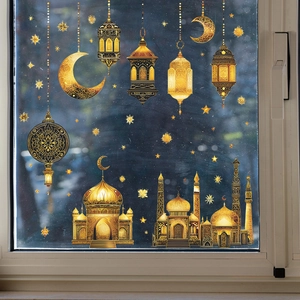 Golden Eid Ramadan window stickers featuring moon, stars, and Arabic lanterns for home decoration