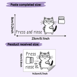 Dimensions détaillées pour l'autocollant WC chat avec le texte Press and rinse inclus