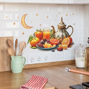 Eid Moon and Star wall decals with Middle Eastern tea and fruit on white kitchen tiles