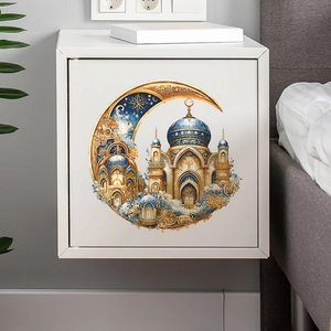 Luxury Ramadan wall sticker featuring a gold moon and blue mosque for home decoration