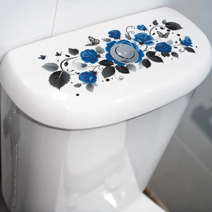 Romantic blue rose floral toilet lid decal and waterproof wall sticker for home bathroom