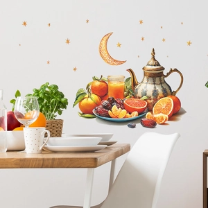 Ramadan themed wall stickers featuring moon, stars, tea pots and fruits on white wall