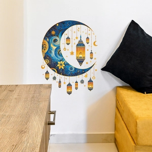 Muslim style moon and lantern wall stickers for living room decor with gold stars